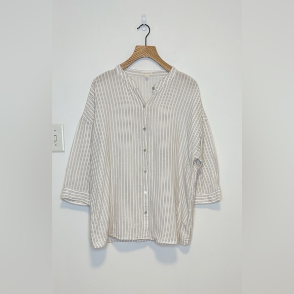 Eileen Fisher Mandarin Collar Stripe Organic Cotton striped button up  , sz : XL - Picture 2 of 9